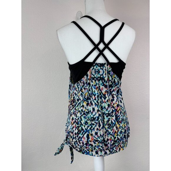 Athleta women's medium black patterned built in bra open tankini swim top - Picture 3 of 6